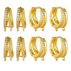 10Pcs Brass Micro Pave Clear Cubic Zirconia Hoop Earring Findings, with Horizontal Loops, Real 18K Gold Plated, 17x15x6mm, Hole: 1.6mm, Pin: 0.8mm