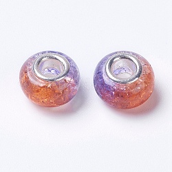 Zwei Tonharz europäische Perlen, mit versilbertem Messing Single-Core, Rondell, Koralle, 14x8.5 mm, Bohrung: 5 mm
