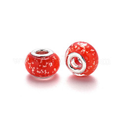 Perles européennes vernissées manuelles, perles de rondelle avec grand trou , en laiton de tonalité de platine noyaux doubles, rouge, 14~15x10~11mm, Trou: 5mm