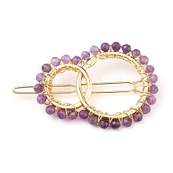 Alloy Hollow Geometric Natural Amethyst Beads Hair Barrettes, Ponytail Holder Statement, with Hair Accessories for Women, Interlink Rings Shape, 64mm, Rings: 54x40x4mm, Beads: 4~4.5mm