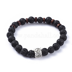 Bracelets extensibles en pierre de lave naturelle, avec des perles de bois et des perles d'alliage tibétain, cube avec le symbole om, 2-3/8 pouce (5.9 cm)
