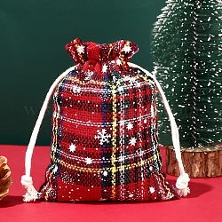 クリスマスをテーマにした黄麻布の巾着バッグ  クリスマスパーティー用品用の長方形のタータンチェックポーチ  レッド  14x10cm