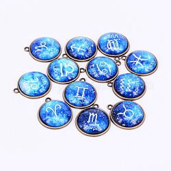 Alloy Glass Pendants, Half Round with Twelve Constellations, Antique Bronze, Dodger Blue, 26x23x7mm, Hole: 1.8mm, 12pcs/set