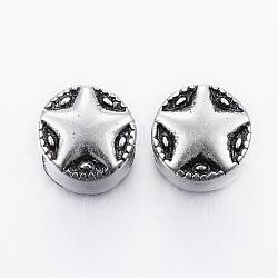 304 perline europei in acciaio inox, perline con foro grande, piatta e rotonda con stella, argento antico, 11x10mm, Foro: 5 mm