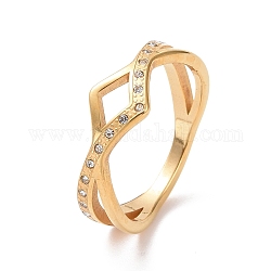 Anillo de dedo de onda de rhinestone de cristal, chapado en iones (ip) 304 joyería de acero inoxidable para mujer, dorado, nosotros tamaño 6~9 (17.1~18.9 mm)
