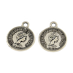 Feng Shui Tibetan Style Alloy Coin Pendants, Flat Round with Queen Elizabeth the Second, Cadmium Free & Lead Free, Antique Silver, 20x17x1mm, Hole: 2mm, about 500pcs/500g