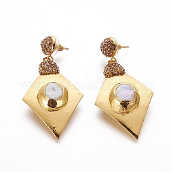 Pendientes de perlas naturales, con fornituras de latón, rhinestone de arcilla polimérica y tuercas de plástico, rombo, dorado, 60 mm, pin: 0.8 mm
