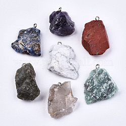 Natural Mixed Gemstone Pendants, Rough Raw Stone, with 304 Stainless Steel Loops, Nuggets, Stainless Steel Color, 26~45x23~36x7~14mm, Hole: 2mm