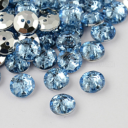 Boutons ronds plats avec strass en acrylique de Taiwan avec 2 trou, facettes et dos plaqué argent, bleu clair, 10x4mm, Trou: 1mm