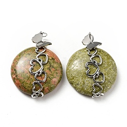 Natural Unakite Pendants, Flat Round Charm, with Stainless Steel Color Tone Heart 304 Stainless Steel Findings, 39.5x30x10.5mm, Hole: 2.6mm