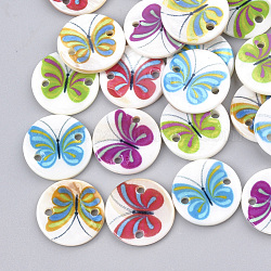Printed Freshwater Shell Links connectors, Flat Round with Butterfly, Mixed Color, 18x2~2.5mm, Hole: 1.6mm