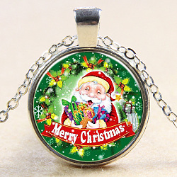 Frohe Weihnachten Bild Glas Anhänger Halsketten, mit Leichtmetallketten, flach rund mit Weihnachtsmann, silberfarben plattiert, 18 Zoll (45 cm)