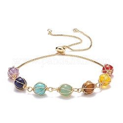 Natural & Synthetic Mixed Gemstone Braided Link Slider Bracelet, 7 Chakra Brass Wire Wrap Jewelry for Women, Golden, Beads: 19x9mm, Inner Diameter: 1-1/8~4 inch(2.8~10cm)