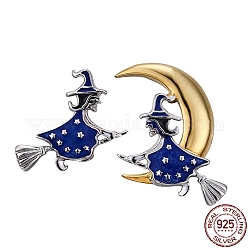 Pendientes de botón de esmalte de plata esterlina halloween 925, pendientes asimétricos, bruja con luna, azul medianoche, platino y oro