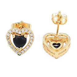 Серьги-гвоздики в форме сердца из кубического циркония, золотые латунные украшения для женщин, без никеля , чёрные, 10x10.5 мм, штифты : 0.7 мм