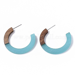 Resin & Walnut Wood Stud Earring Findings, Half Hoop Earrings, Imitation Gemstone, with 304 Stainless Steel Pin, Dark Turquoise, 35x35x4mm, Pin: 0.7mm