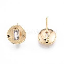 Brass Micro Pave Cubic Zirconia Stud Earring Finding, with Vertical Loops, Nickel Free, Flat Round with Rectangle, Real 18K Gold Plated, 11mm, Hole: 1.4mm, Pin: 0.8mm