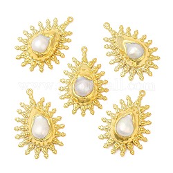 Messing Anhänger & Charms, Natürliche Perlen-Tropfen-Charms, langlebig plattiert, golden, 43.5x30x10.5~11 mm, Bohrung: 1.8 mm