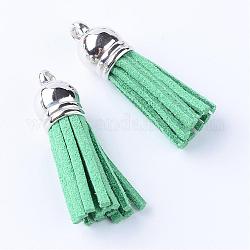 Faux Suede Tassel Pendant Decorations, with CCB Plastic Cord Ends, Platinum, Medium Sea Green, 35~37x10mm, Hole: 1.8mm