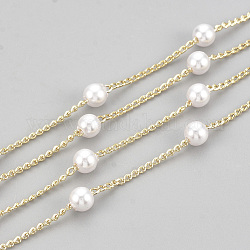 Handmade ABS Plastic Imitation Pearl Beaded Chains, Soldered, with Spool, with Brass Findings, Round, Creamy White, Real 18K Gold Plated, 2x1x0.3mm, about 98.42 Feet(30m)/roll
