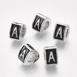 Perline in lega europeo, stile smalto, perline con foro grande, triangolo con lettera, platino, nero, letter.a, 9.5x9x6.5mm, Foro: 5 mm