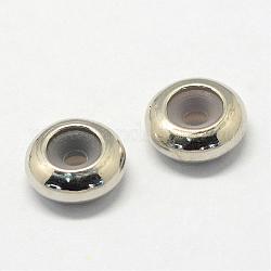 Perles en alliage, avec caoutchouc à l'intérieur, perles de curseur, perles de bouchage, rondelle, platine, 9.5x4mm, trou en caoutchouc: 2 mm