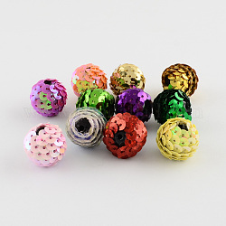 Handmade Woven Acrylic Wrapped with Paillettes Round Beads, Mixed Color, 18x18mm, Hole: 2mm