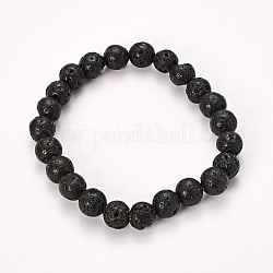 Bracelets extensibles perlés en pierre de lave naturelle, ronde, 2-1/8 pouce (55 mm), perle: 8~9 mm