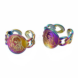 Текстурированные плоские круглые кольца-манжеты, Радужный цвет 304 широкие открытые кольца из нержавеющей стали для женщин, размер США 9 3/4 (19.5 мм)