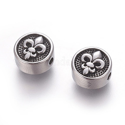 304 perline in acciaio inossidabile, piatta e rotonda con fleur de lis, argento antico, 10.3x6mm, Foro: 1.8 mm