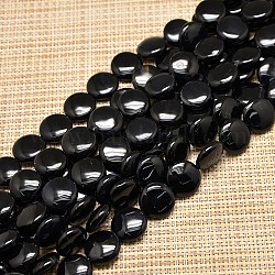 Flat Round Natural Black Onyx Beads Strands, Dyed & Heated, 15x6mm, Hole: 1mm, about 25pcs/strand, 15.7 inch