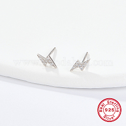 Sterling Silver Micro Pave Cubic Zirconia Stud Earrings, Lightning Bolt, Silver, 7x4mm