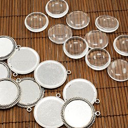 25mm Transparent Clear Domed Glass Cabochon Cover for Photo Pendant Making, with Antique Silver Alloy Settings, Lead Free & Nickel Free, Pendant: 35x31x2.5~3mm, Hole: 2~2.5mm, Glass: 25x7.4mm