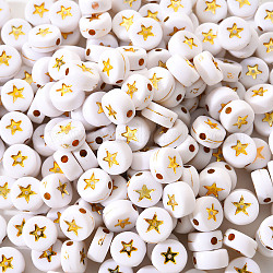 Weiße undurchsichtige Acrylperlen, flach rund mit Stern, Vergoldete, 7x4 mm, Bohrung: 1.5 mm, ca. 200 Stk. / Beutel