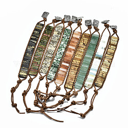 Bracciali cordone in pelle di vacchetta, con perline di pietre preziose naturali rettangolari e elementi in lega, 9~11 pollice (23~28 cm)