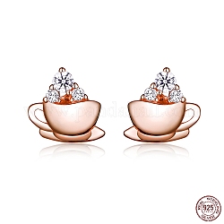 925 Sterling Silver Stud Earrings, with Micro Pave Cubic Zirconia, Coffee, Clear, Rose Gold, 7x7mm