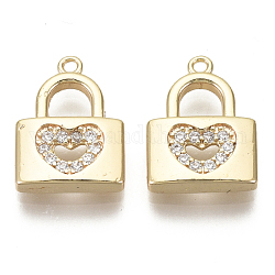 Brass Micro Pave Cubic Zirconia Charms, Lock with Heart, Nickel Free, Real 18K Gold Plated, Clear, 13.5x10.5x2.5mm, Hole: 1mm