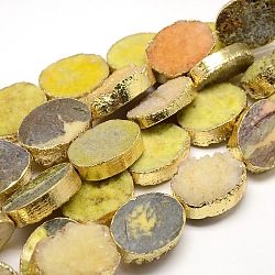 Chapado en oro teñidos ovales druzy natural de cristal de cuarzo hebras, amarillo, 30x22x5~12mm, agujero: 2 mm, aproximamente 6 pcs / cadena, 7 pulgada
