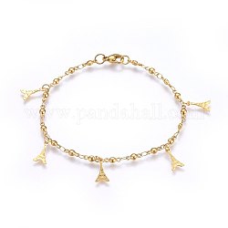 304 Stainless Steel Charm Bracelets, with Lobster Claw Clasps, Tower, Golden, 8-1/4 inch(21cm), 3mm