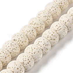 Brins de perles teintes en pierre de lave naturelle, rondelle, floral blanc, 10x7~7.5mm, Trou: 1.6mm, Environ 55~56 pcs/chapelet, 16.14'' (41~41.5 cm)