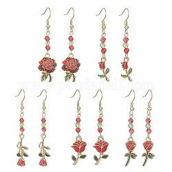 Ohrhänger aus Legierung mit Emaille-Rosen zum Thema Valentinstag und Glasperlen, 304 Edelstahl Ohrringe, rot, 54~63x9~15.5 mm