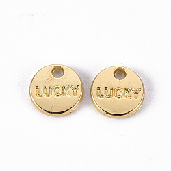Rack Plating Alloy Charms, Cadmium Free & Lead Free, Flat Round with Word Lucky, Light Gold, 8x1.5mm, Hole: 1.2mm