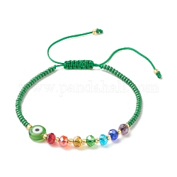 Bracelet de perles tressées au chalumeau plat rond mauvais œil, Bracelet réglable en perles de verre pour femme, vert de mer moyen, diamètre intérieur: 2-3/8~4-1/8 pouce (5.9~10.4 cm)