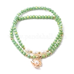Verre à facettes perles bracelets extensibles, bracelets empilables, avec perle en laiton, perles de culture naturelle d'eau douce et breloques en alliage et imitation de perles, forme coquille, or, vert pale, diamètre intérieur: 2-1/4 pouce (5.7 cm), 2 pièces / kit
