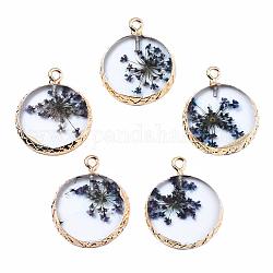Transparent Clear Epoxy Resin & Dried Flower Pendants, with Edge Light Gold Plated Iron Loops, Flat Round, Medium Purple, 24x20x2.5mm, Hole: 1.8mm
