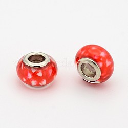 Handmade Polymer Clay Enamel Large Hole Rondelle European Beads, with Platinum Brass Double Cores, Red, 14x9mm, Hole: 5mm