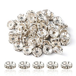 Perles d'espacement rondes plates en fer, avec strass cristal, couleur d'argent, 8mm
