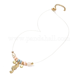 Collar con colgante de caballito de mar y concha para mujeres adolescentes, collar de arcilla polimérica y perlas naturales, dorado, 16.7 pulgada (42.3 cm)