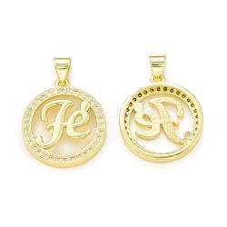 Rack Plating Brass Micro Pave Clear Cubic Zirconia Pendants, Cadmium Free & Lead Free, Long-Lasting Plated, Flat Round with Word Fe Charm, Real 18K Gold Plated, 20x17.5x3mm, Hole: 4x3.5mm