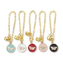 Flat Round with Butterfly Alloy Enamel Pendant Decorations, with Iron Bel Charm, Mixed Color, 75mm